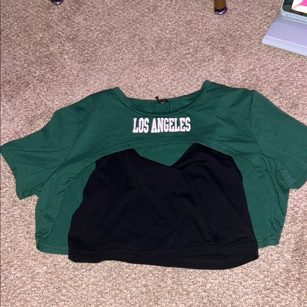 SHEIN Green and Black Crop T-Shirt with Layered Design